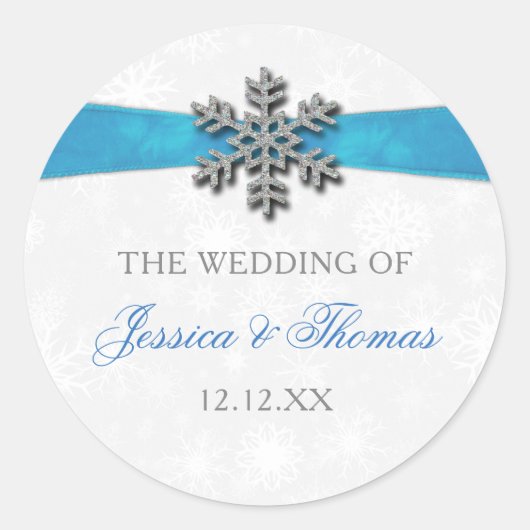 Diamante Snowflake & Blue Ribbon Winter Wedding Ronde Sticker (Voorkant)