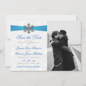Diamante Snowflake & Blue Ribbon Winter Wedding Save The Date (Voorkant)
