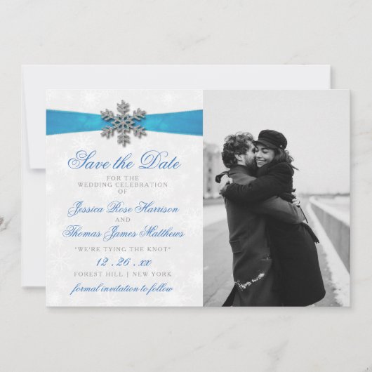 Diamante Snowflake & Blue Ribbon Winter Wedding Save The Date (Voorkant)