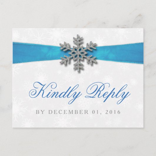 Diamante Snowflake & Blue Ribbon Winter Wedding Uitnodiging Briefkaart (Voorkant)