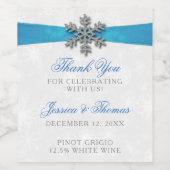 Diamante Snowflake & Blue Ribbon Winter Wedding Wijn Etiket (Enkel label)
