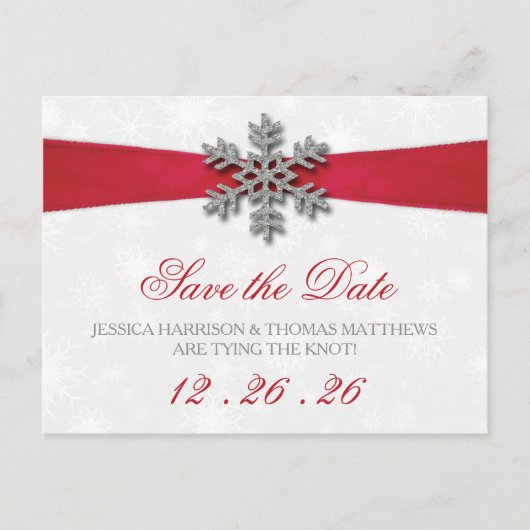 Diamante Snowflake en Red Ribbon Winter Wedding Aankondigingskaart (Voorkant)