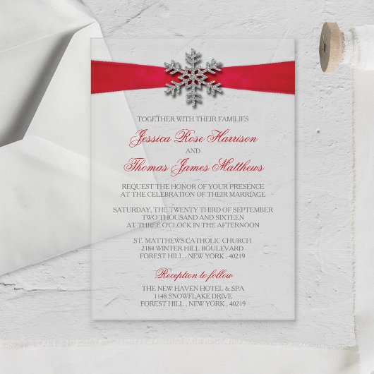 Diamante Snowflake en Red Ribbon Winter Wedding Acryl Uitnodigingen
