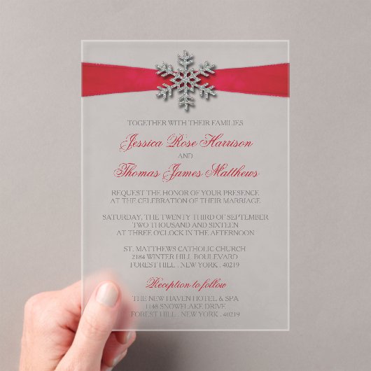 Diamante Snowflake en Red Ribbon Winter Wedding Acryl Uitnodigingen (Insitu (Draagbaar))