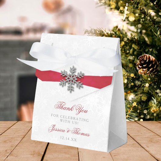 Diamante Snowflake en Red Ribbon Winter Wedding Bedankdoosjes