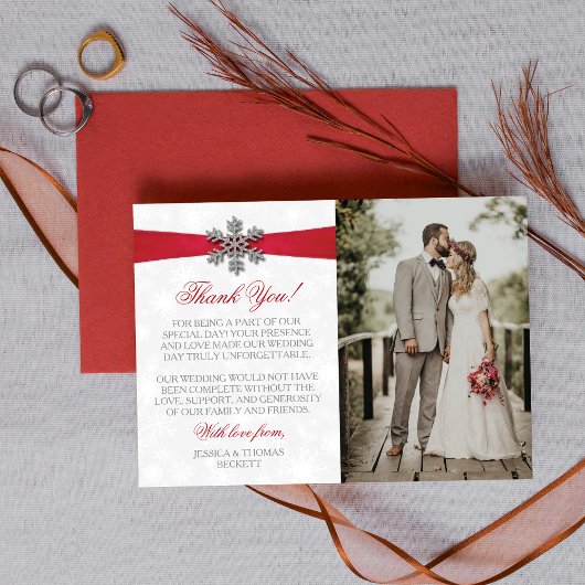 Diamante Snowflake en Red Ribbon Winter Wedding Bedankkaart