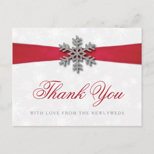 Diamante Snowflake en Red Ribbon Winter Wedding Briefkaart (Voorkant)