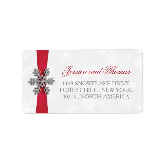 Diamante Snowflake en Red Ribbon Winter Wedding Etiket (Voorkant)