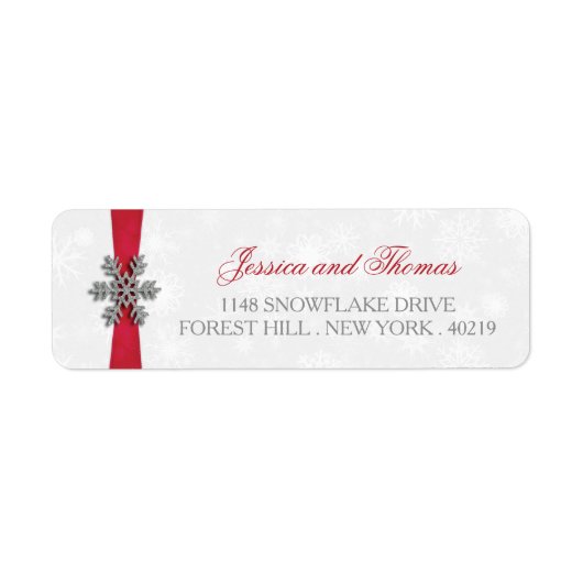 Diamante Snowflake en Red Ribbon Winter Wedding Etiket (Voorkant)