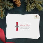 Diamante Snowflake en Red Ribbon Winter Wedding Etiket