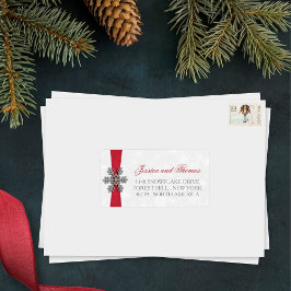Diamante Snowflake en Red Ribbon Winter Wedding Etiket
