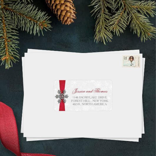 Diamante Snowflake en Red Ribbon Winter Wedding Etiket
