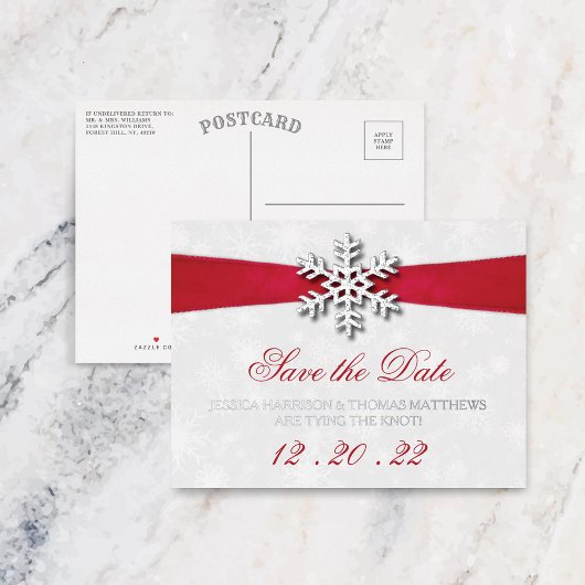 Diamante Snowflake en Red Ribbon Winter Wedding Folie Uitnodiging Briefkaart