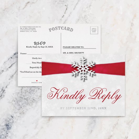 Diamante Snowflake en Red Ribbon Winter Wedding Folie Uitnodiging Briefkaart