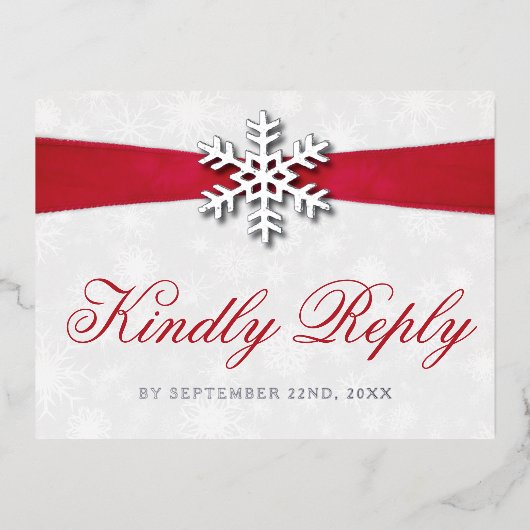 Diamante Snowflake en Red Ribbon Winter Wedding Folie Uitnodiging Briefkaart (Voorkant)