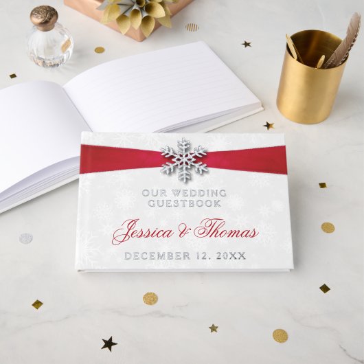 Diamante Snowflake en Red Ribbon Winter Wedding Gastenboek (Voorkant open)
