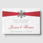 Diamante Snowflake en Red Ribbon Winter Wedding Gastenboek (Voorkant)