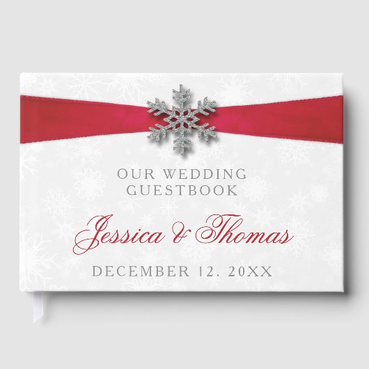 Diamante Snowflake en Red Ribbon Winter Wedding Gastenboek (Voorkant)