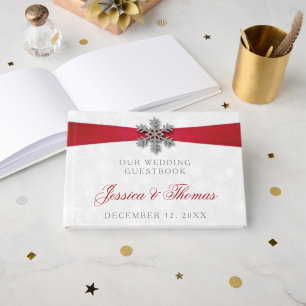 Diamante Snowflake en Red Ribbon Winter Wedding Gastenboek