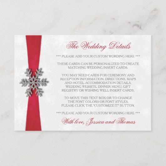 Diamante Snowflake en Red Ribbon Winter Wedding Informatiekaartje (Voorkant)