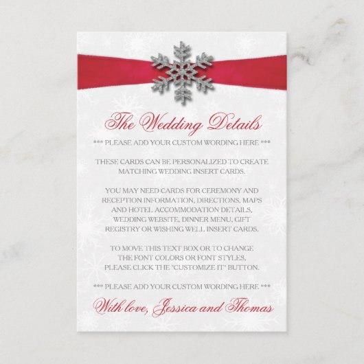 Diamante Snowflake en Red Ribbon Winter Wedding Informatiekaartje (Voorkant)