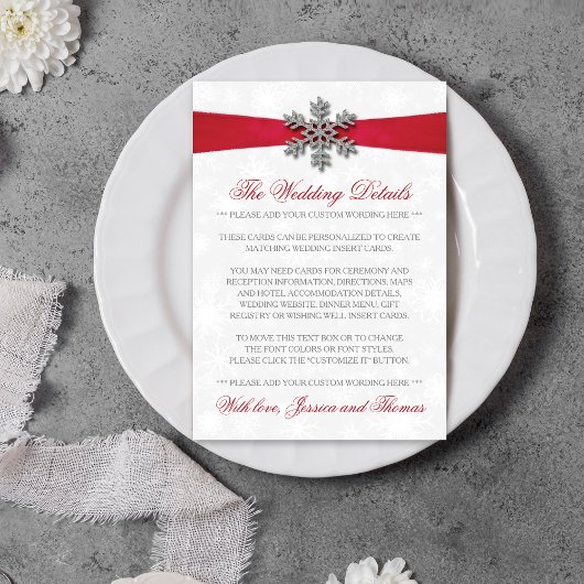 Diamante Snowflake en Red Ribbon Winter Wedding Informatiekaartje