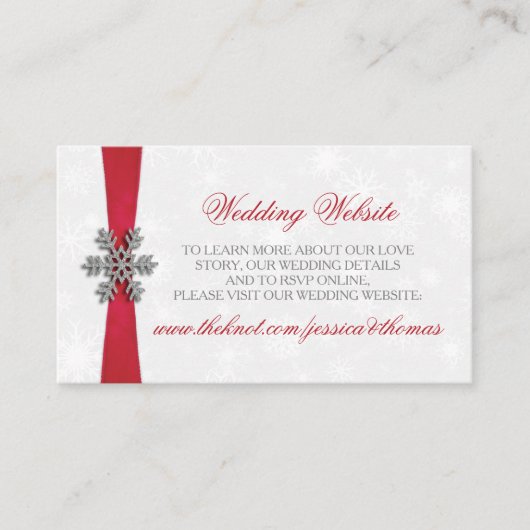 Diamante Snowflake en Red Ribbon Winter Wedding Informatiekaartje (Voorkant)