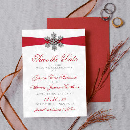 Diamante Snowflake en Red Ribbon Winter Wedding Kaart