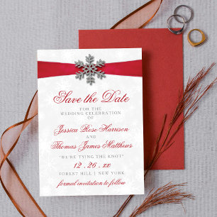 Diamante Snowflake en Red Ribbon Winter Wedding Kaart