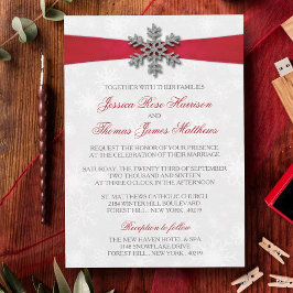 Diamante Snowflake en Red Ribbon Winter Wedding Kaart