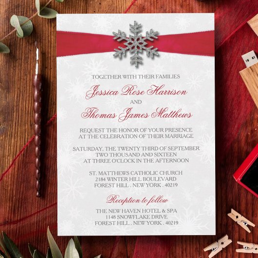 Diamante Snowflake en Red Ribbon Winter Wedding Kaart