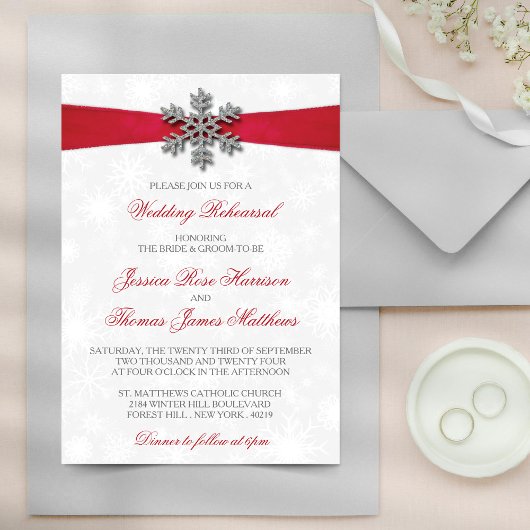 Diamante Snowflake en Red Ribbon Winter Wedding Kaart