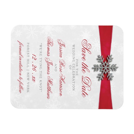 Diamante Snowflake en Red Ribbon Winter Wedding Magneet (Horizontaal)