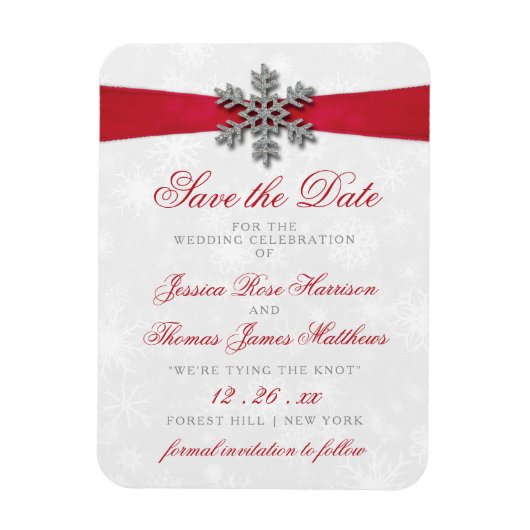 Diamante Snowflake en Red Ribbon Winter Wedding Magneet (Verticaal)