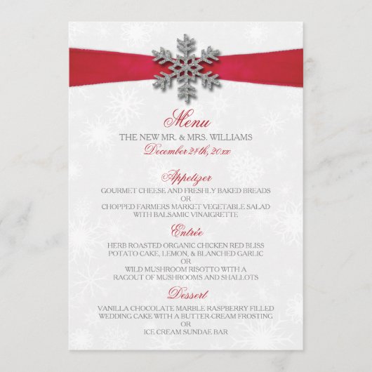 Diamante Snowflake en Red Ribbon Winter Wedding Menu (Voorkant)