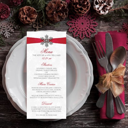 Diamante Snowflake en Red Ribbon Winter Wedding Menu
