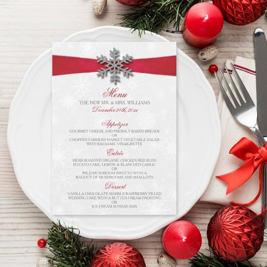 Diamante Snowflake en Red Ribbon Winter Wedding Menu