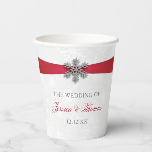 Diamante Snowflake en Red Ribbon Winter Wedding Papieren Bekers (Achterkant)