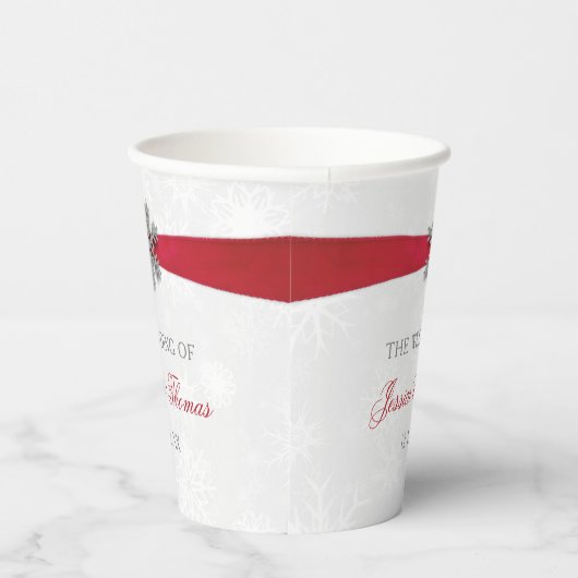 Diamante Snowflake en Red Ribbon Winter Wedding Papieren Bekers (Rechts)