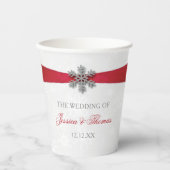 Diamante Snowflake en Red Ribbon Winter Wedding Papieren Bekers (Voorkant)