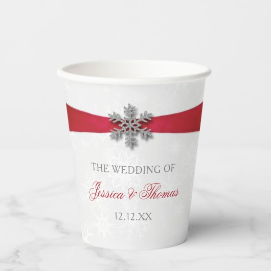 Diamante Snowflake en Red Ribbon Winter Wedding Papieren Bekers (Voorkant)