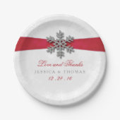 Diamante Snowflake en Red Ribbon Winter Wedding Papieren Bordje (Voorkant)