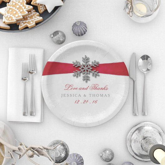 Diamante Snowflake en Red Ribbon Winter Wedding Papieren Bordje