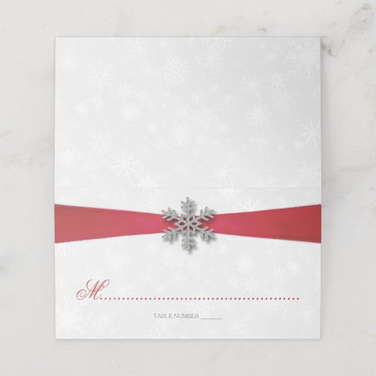 Diamante Snowflake en Red Ribbon Winter Wedding Plaatskaartje (Buitenkant ongevouwen)