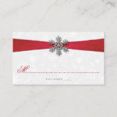 Diamante Snowflake en Red Ribbon Winter Wedding Plaatskaartje (Voorkant)