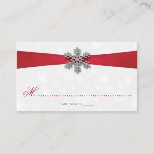 Diamante Snowflake en Red Ribbon Winter Wedding Plaatskaartje (Voorkant)