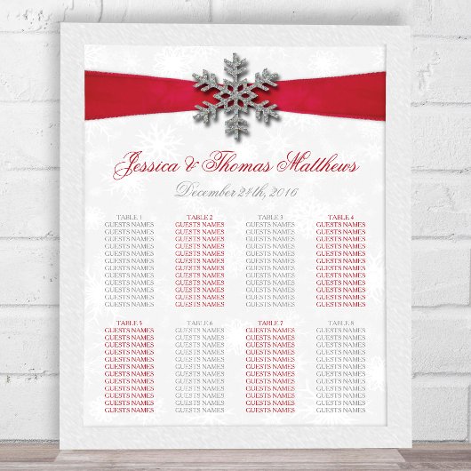 Diamante Snowflake en Red Ribbon Winter Wedding Poster