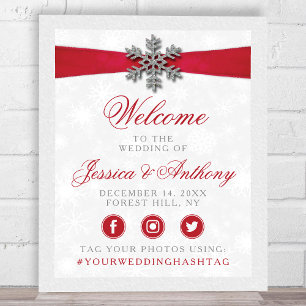 Diamante Snowflake en Red Ribbon Winter Wedding Poster