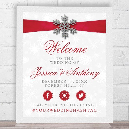 Diamante Snowflake en Red Ribbon Winter Wedding Poster