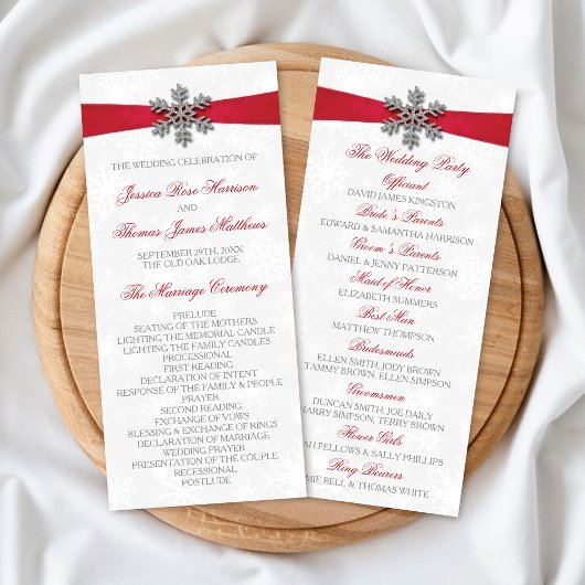 Diamante Snowflake en Red Ribbon Winter Wedding Programmakaart